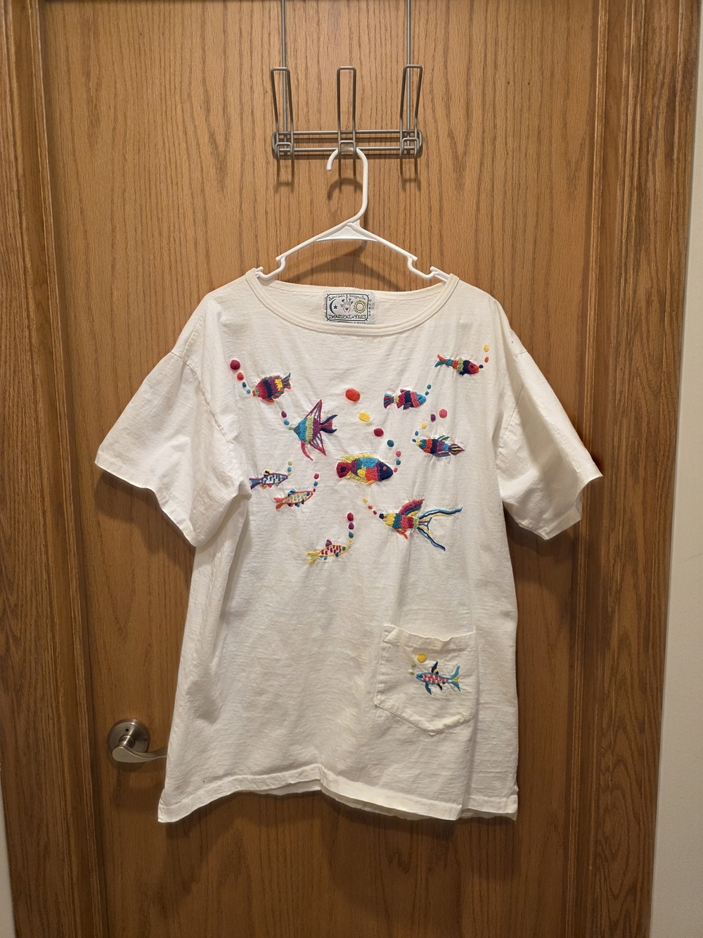 Whimsical Vintage Fish Embroidered White Short Sleeve Tee - Women's